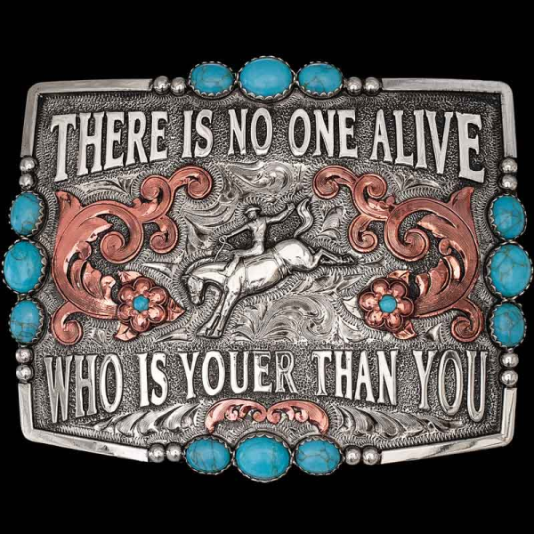 The beautiful Frontier Belt Buckle features large turquoise stones and copper scrollwork for a dual tone stylish buckle design. Customize it with your own lettering and western figure today!